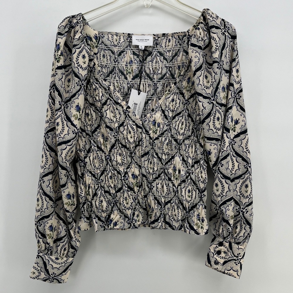 Who What Wear Rejina‎ Puff-Sleeve Square Neck Smocked Blouse Floral Pattern NEW